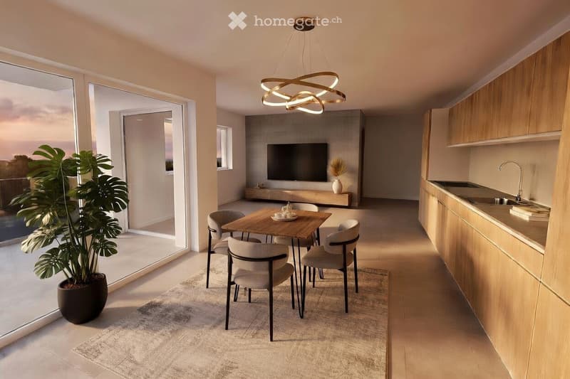 modern dining room with wooden table, chairs, large windows, potted plant, chandelier, TV, kitchen with sink and faucet