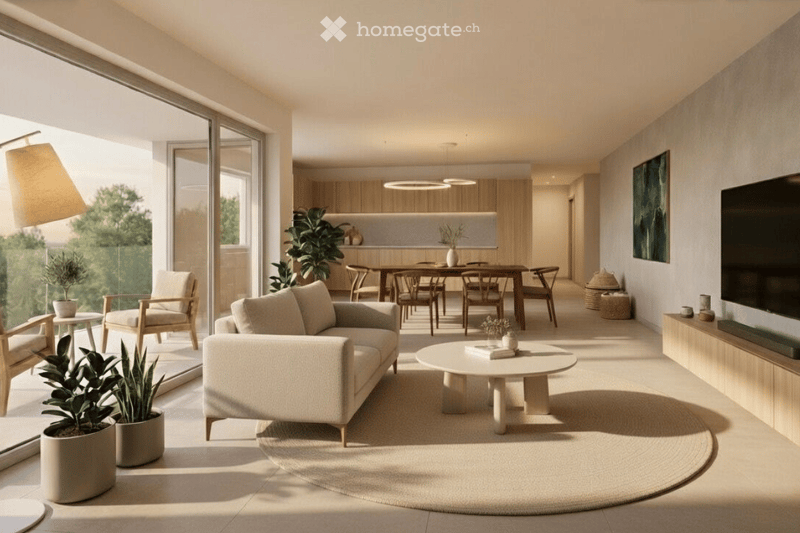 modern living room with large windows, balcony, couch, coffee table, TV, dining table, chairs, plants