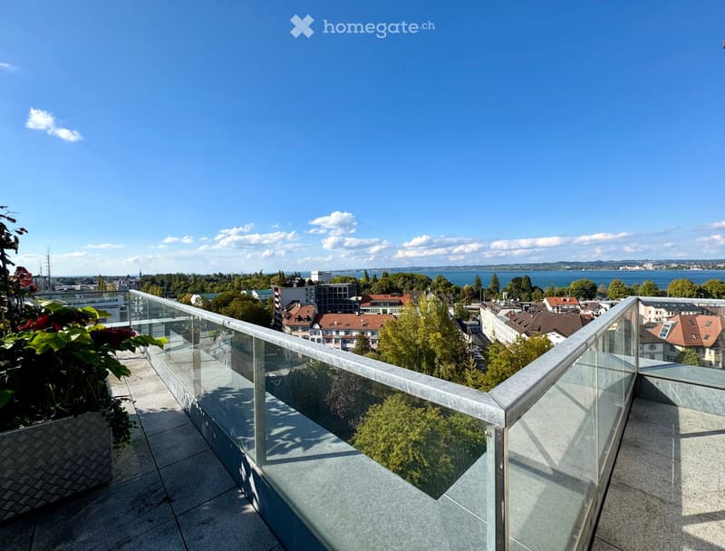 glass railing, metal floor, plants, view of the city and lake
