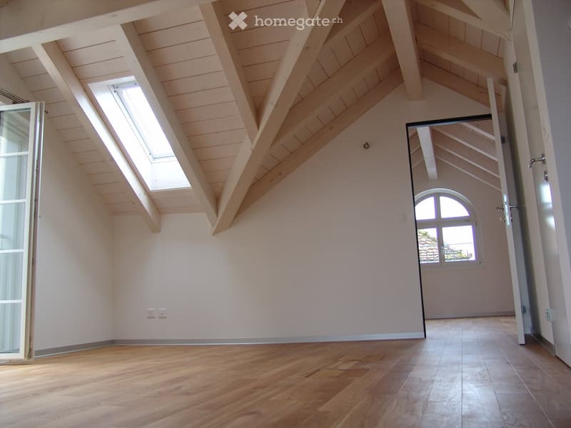 empty room, wooden floor, white walls, wooden ceiling, skylight, window