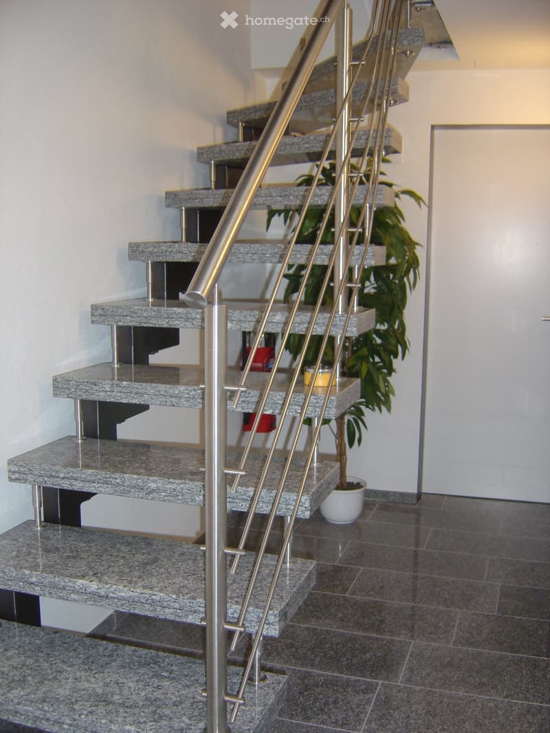 Modern staircase with granite steps and stainless steel handrail, white wall, white door, potted plant