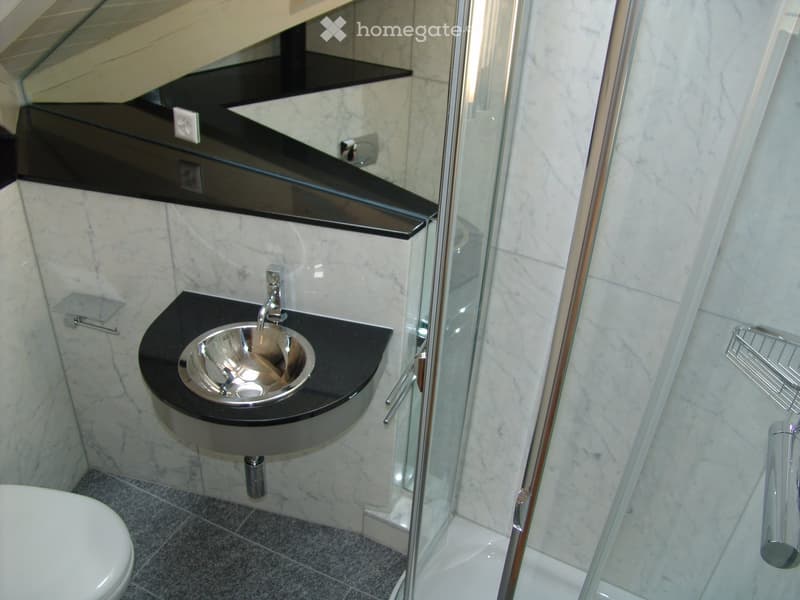 small bathroom with white marble walls, black countertop, silver sink, glass shower enclosure, white toilet