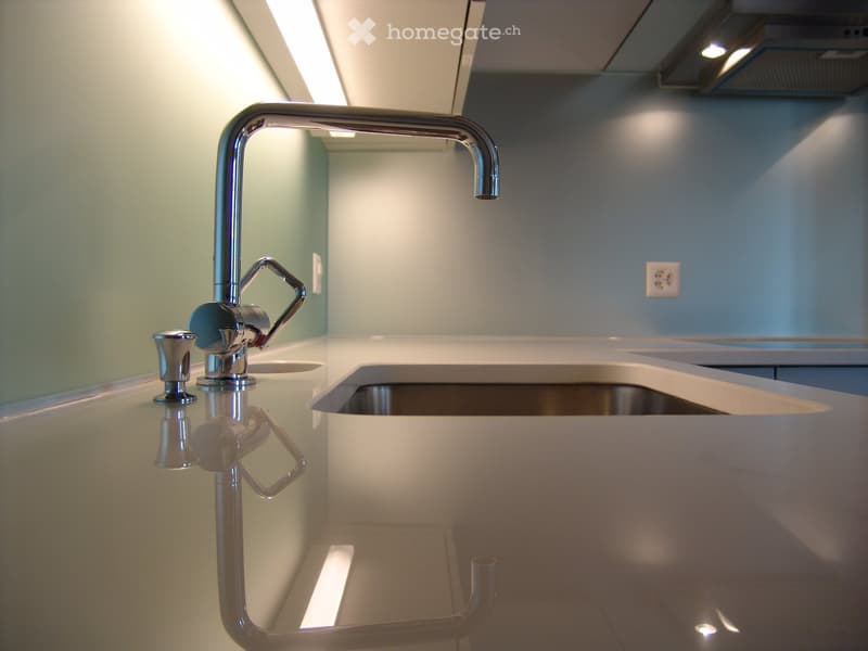modern kitchen with stainless steel sink, faucet, and countertop