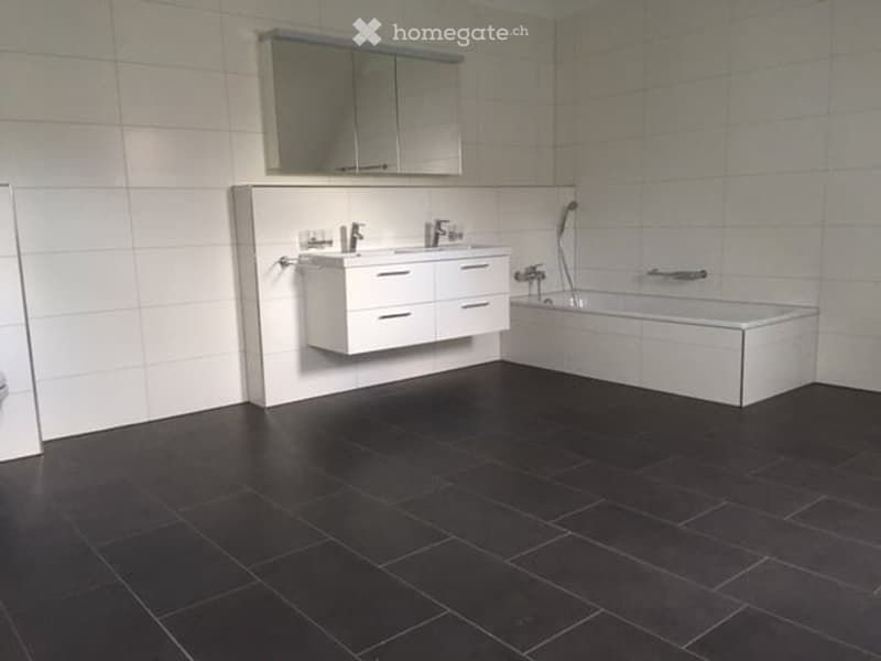 modern bathroom with white tiles, black tiled floor, white vanity, bathtub, shower, and mirror