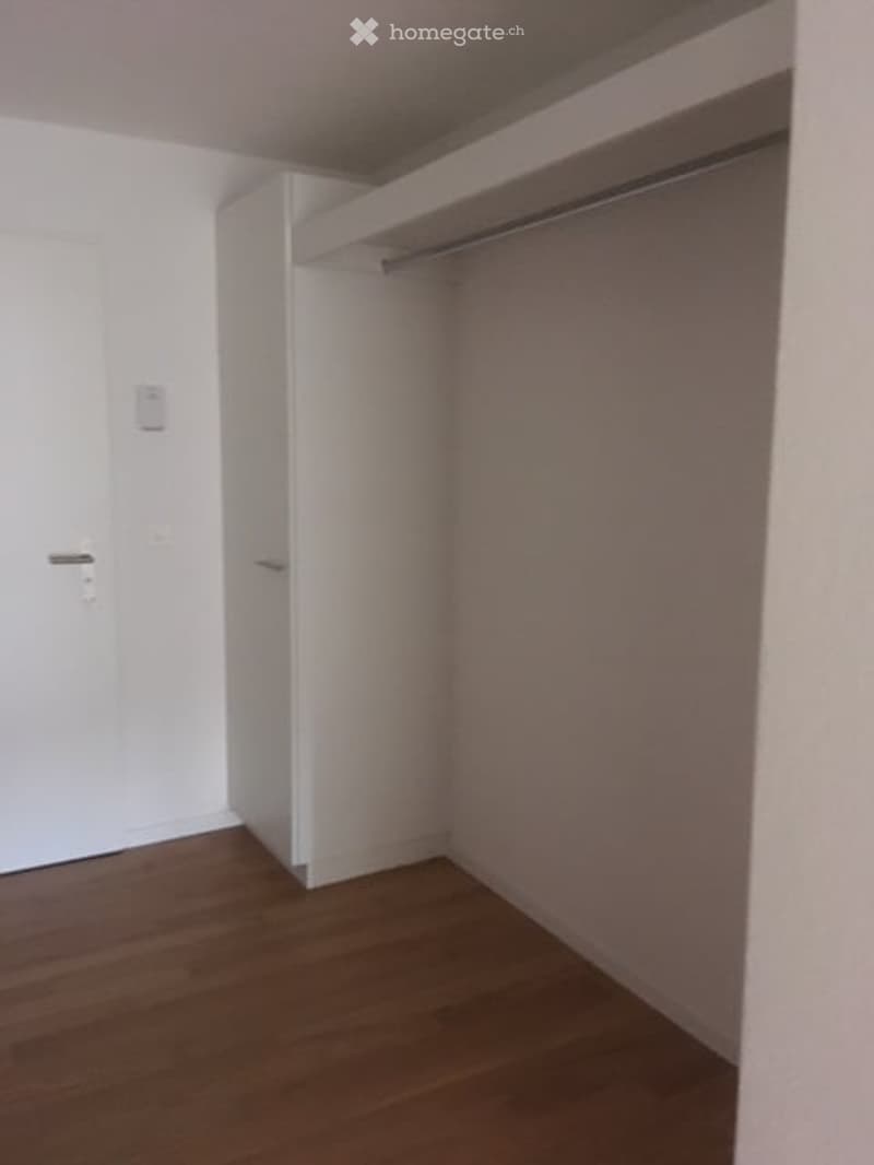 empty room with wooden floor, white walls, white door, built-in wardrobe