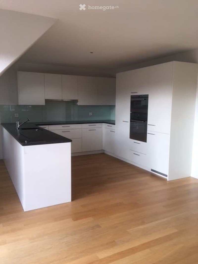 modern kitchen with white cabinets, black countertops, wooden floor, and built-in appliances