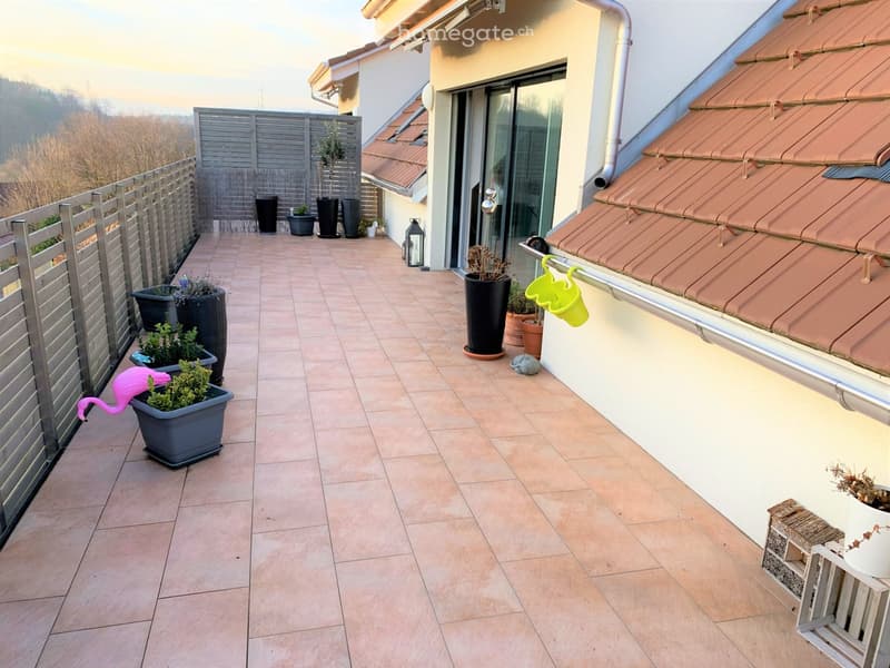 Terraced balcony with tiled floor, metal railing, potted plants, and a view of the surroundings