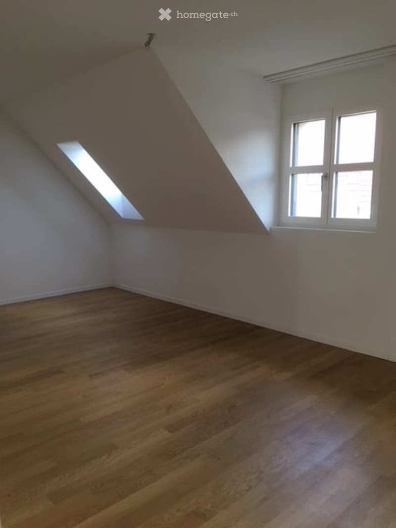 empty room, wooden floor, white walls, two windows, two skylights