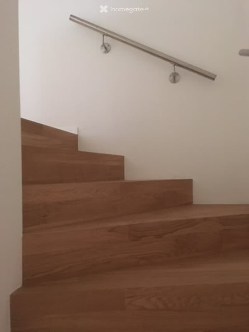 wooden stairs, white wall, metal handrail