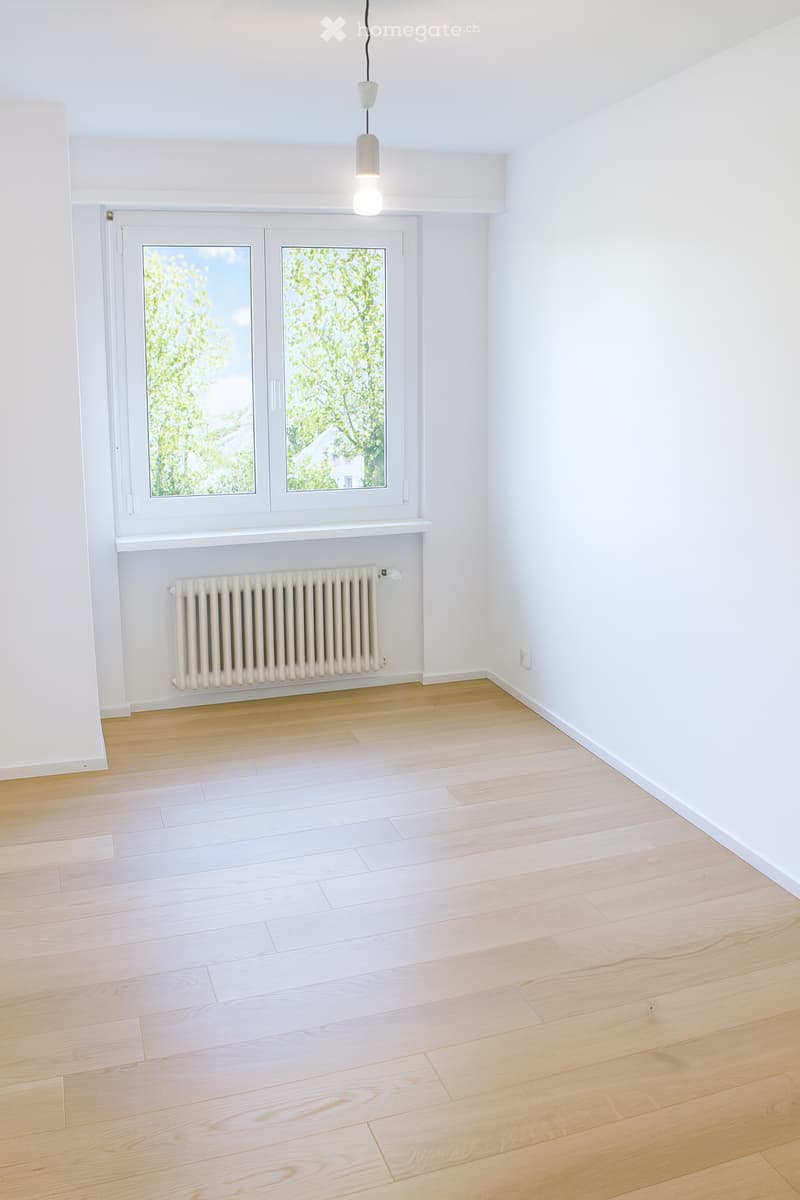 empty room, wooden floor, white walls, large window, radiator