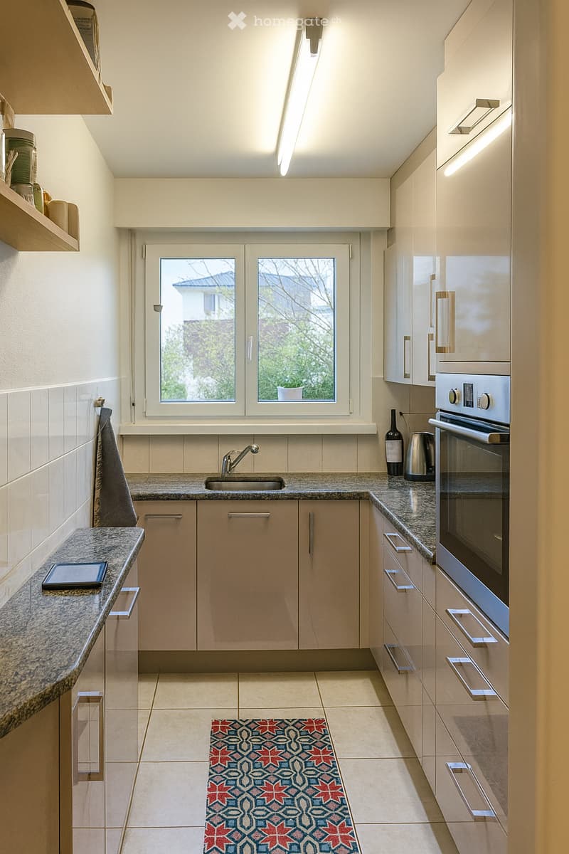 modern kitchen, granite countertops, stainless steel appliances, white cabinets, large window, tiled floor