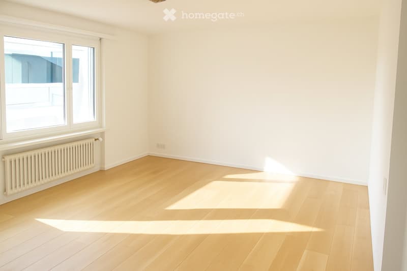 empty room, wooden floor, white walls, large window, white radiator