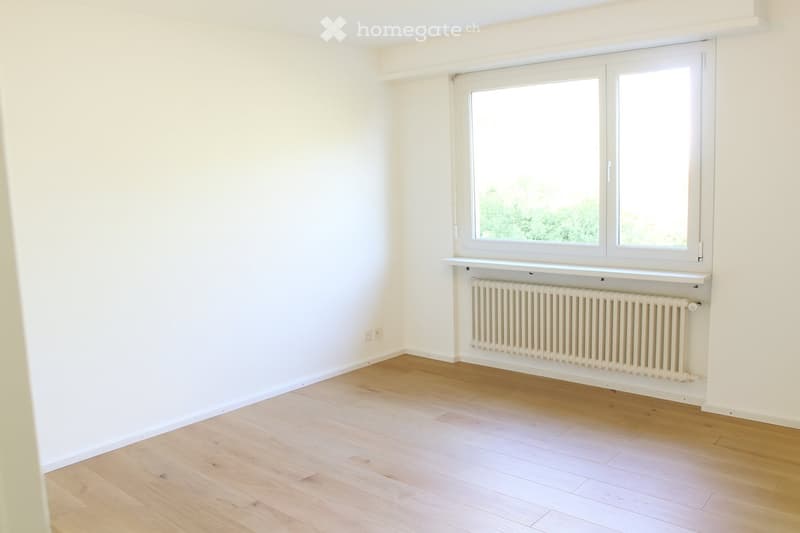 empty room, white walls, wooden floor, large window, white radiator