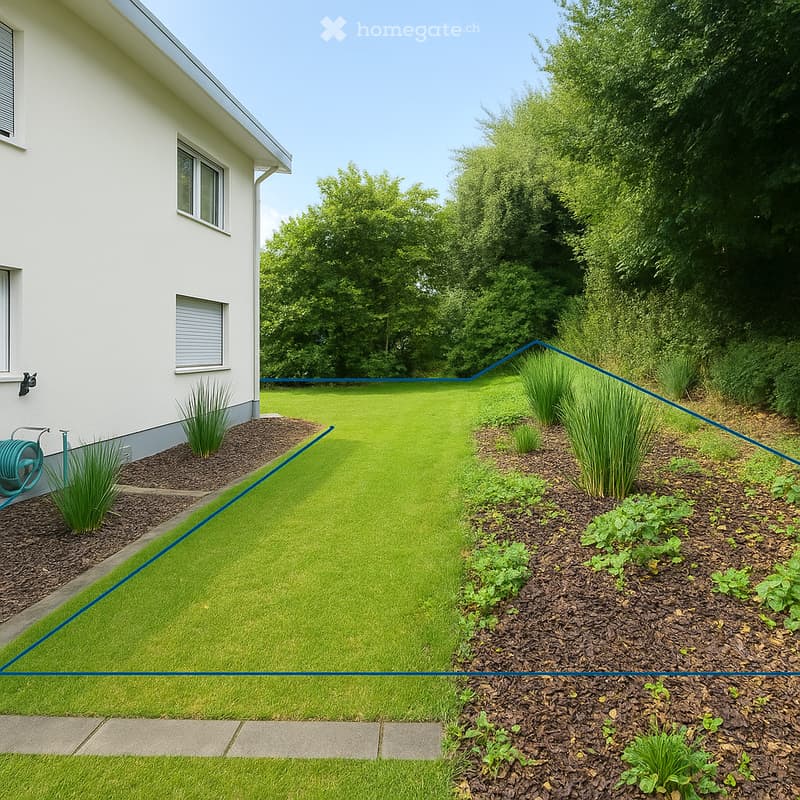 Lawn, shrubs, trees, mulch, house wall