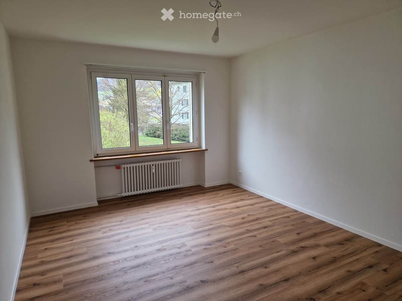 empty room, wooden floor, white walls, large window, radiator