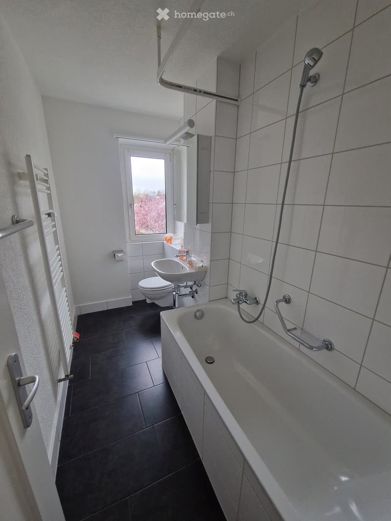 Bathroom with white tiles, black floor, bathtub, shower, sink, toilet, towel rack