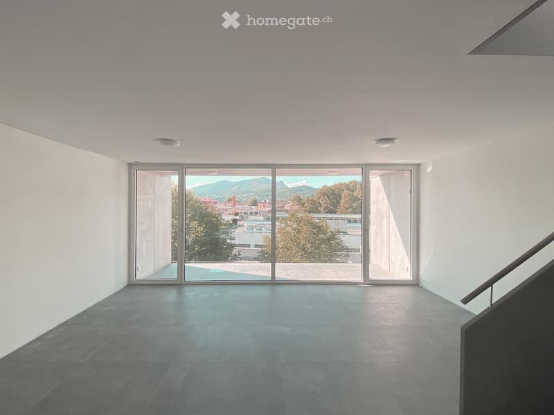 Sliding glass doors leading to a terrace, mountain views, modern design, white walls, gray floors