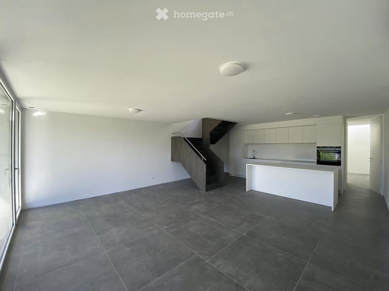open room, modern style, tiled floor, white walls, kitchen island, glass walls, staircase