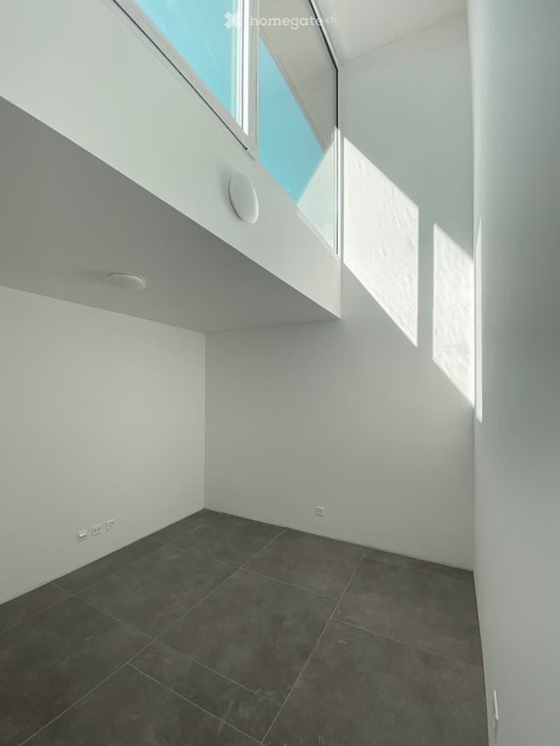 empty room, white walls, tiled floor, raised ground floor, large window, ceiling lights