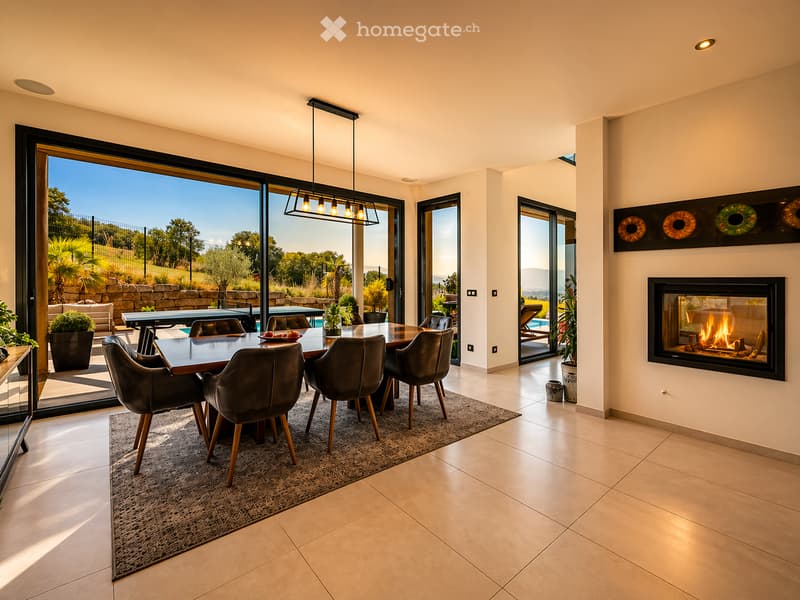 Dining room with large windows, fireplace, dining table, chairs, rug, modern design