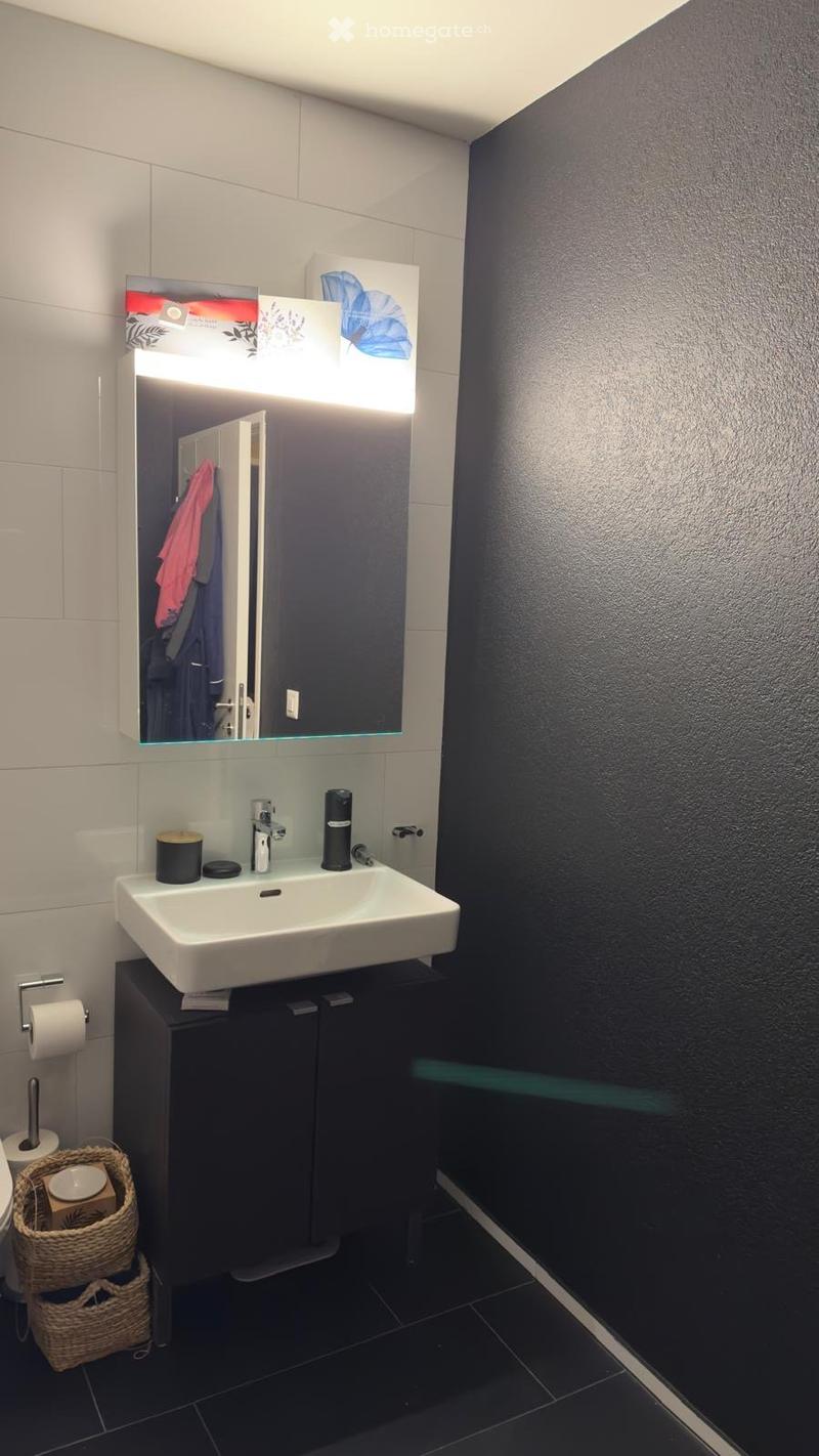 modern bathroom with white sink, black cabinet, black tiles, mirror with light