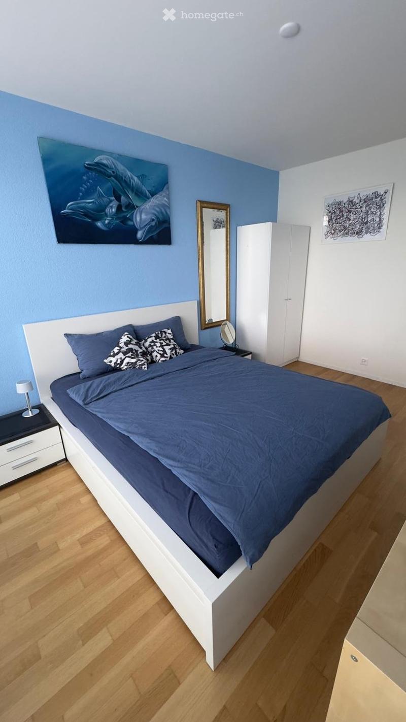 Bedroom with blue walls, wooden floor, white bed, blue bedspread, pillows, nightstands, lamp, mirror, wardrobe, paintings