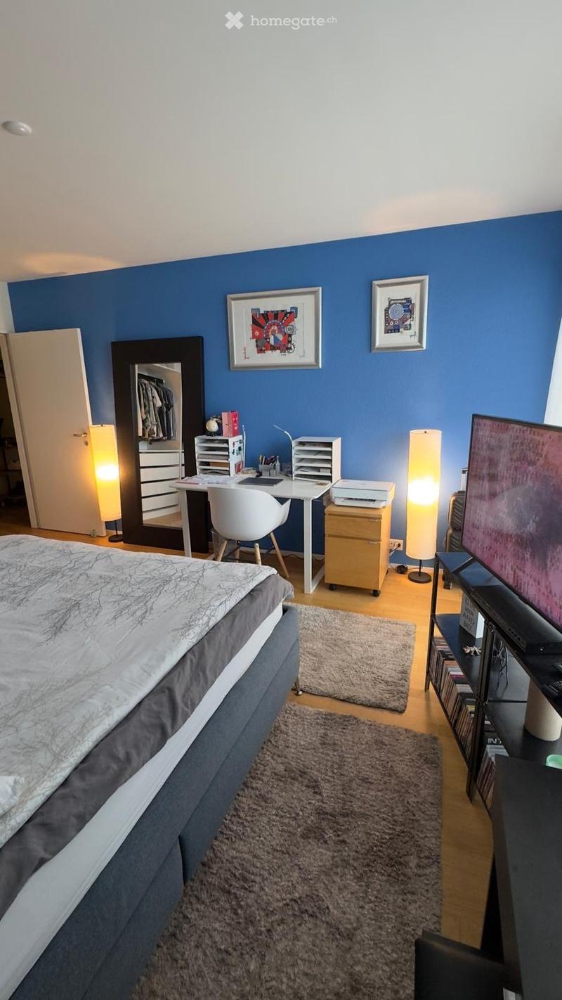 bedroom with bed, desk, chair, TV, lamps, rug, wardrobe, mirror, shelves, picture frames