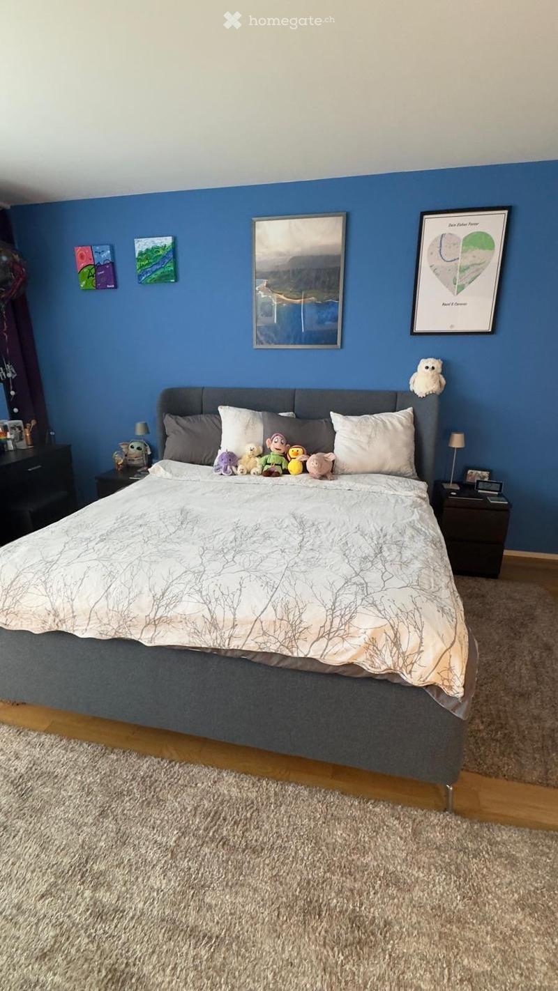 Bedroom with blue walls, bed, nightstands, carpet, framed pictures, stuffed toys, lamp