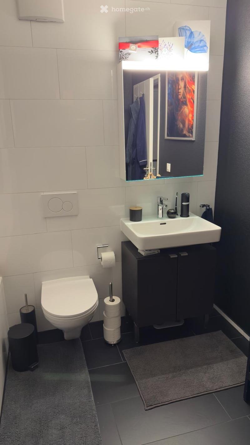 modern bathroom with white tiles, white toilet, white sink, black cabinet, mirror, and artwork