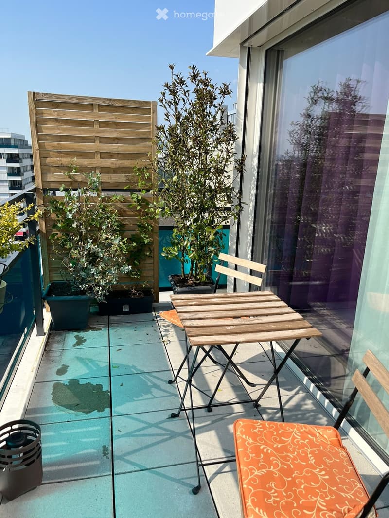 Balcony with wooden table and chairs, potted plants, wooden fence, trash bin