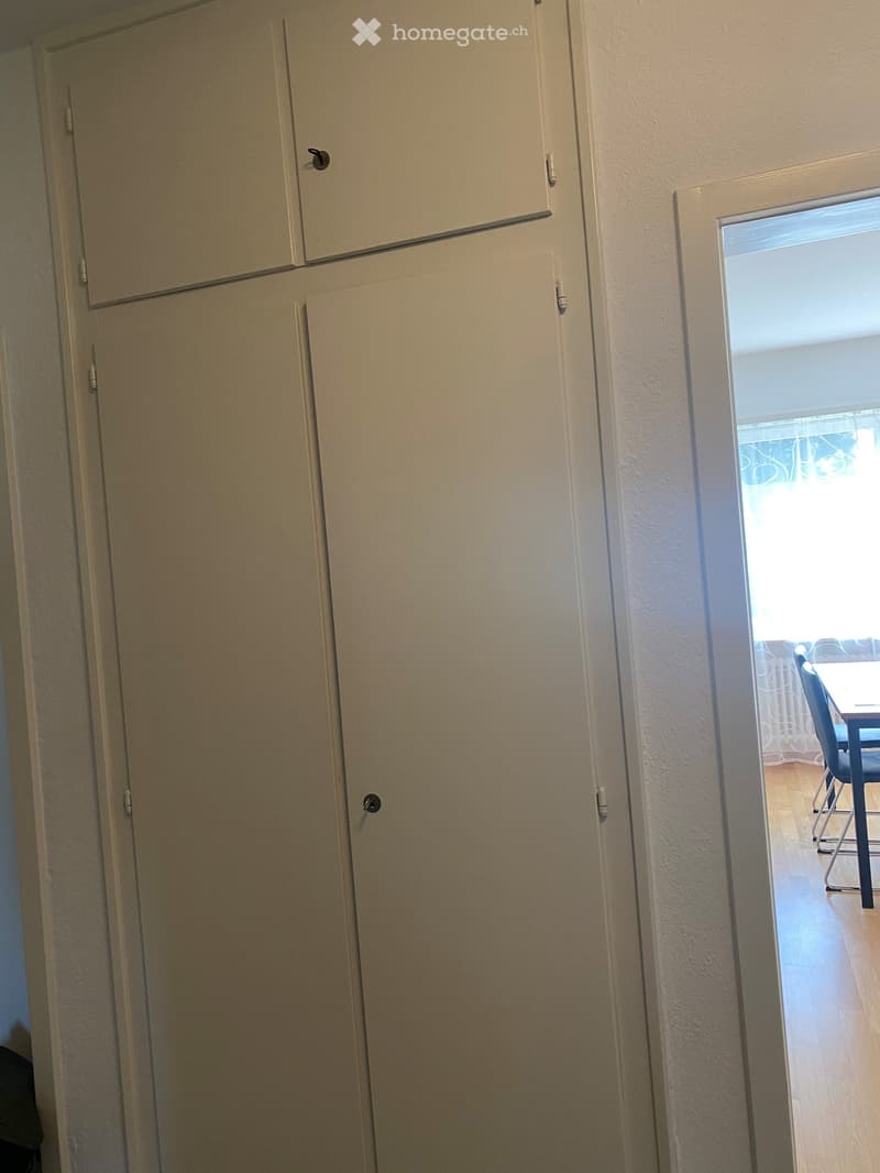White wardrobe with two drawers and a door, white wall, wooden floor