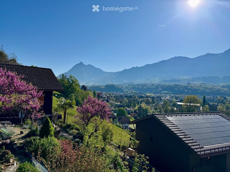 House with solar panels on the roof, surrounded by greenery, mountains in the background