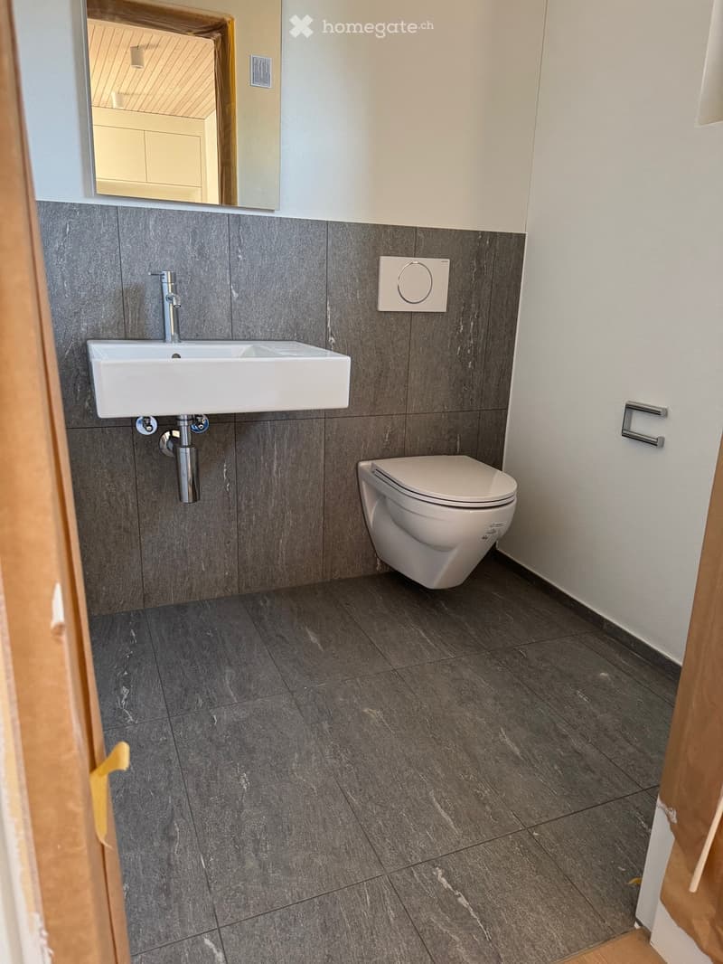 small bathroom with white sink, white toilet, gray tiles, mirror