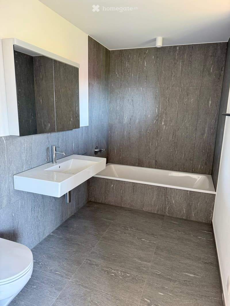 modern bathroom with white sink, bathtub, and toilet, gray tiled walls and floor, mirror