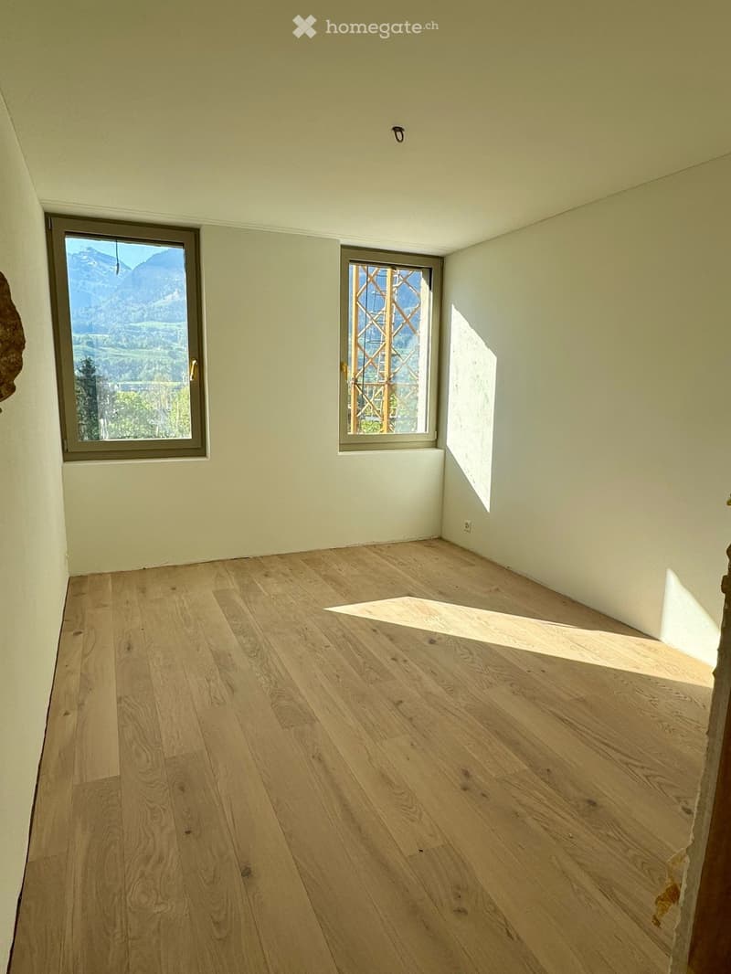 empty room, wooden floor, two windows, mountain view