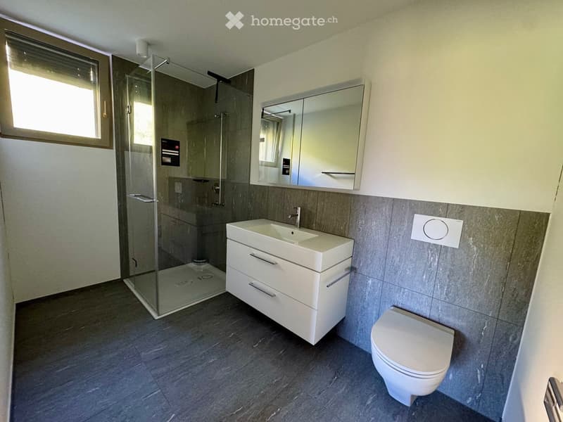 modern bathroom with glass shower, white sink, white toilet, mirror, tiled floor