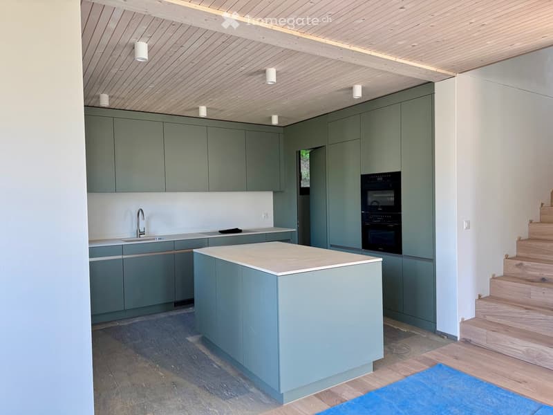 modern kitchen with island, green cabinets, wooden ceiling, wooden floor, central island, sink, faucet, oven, staircase
