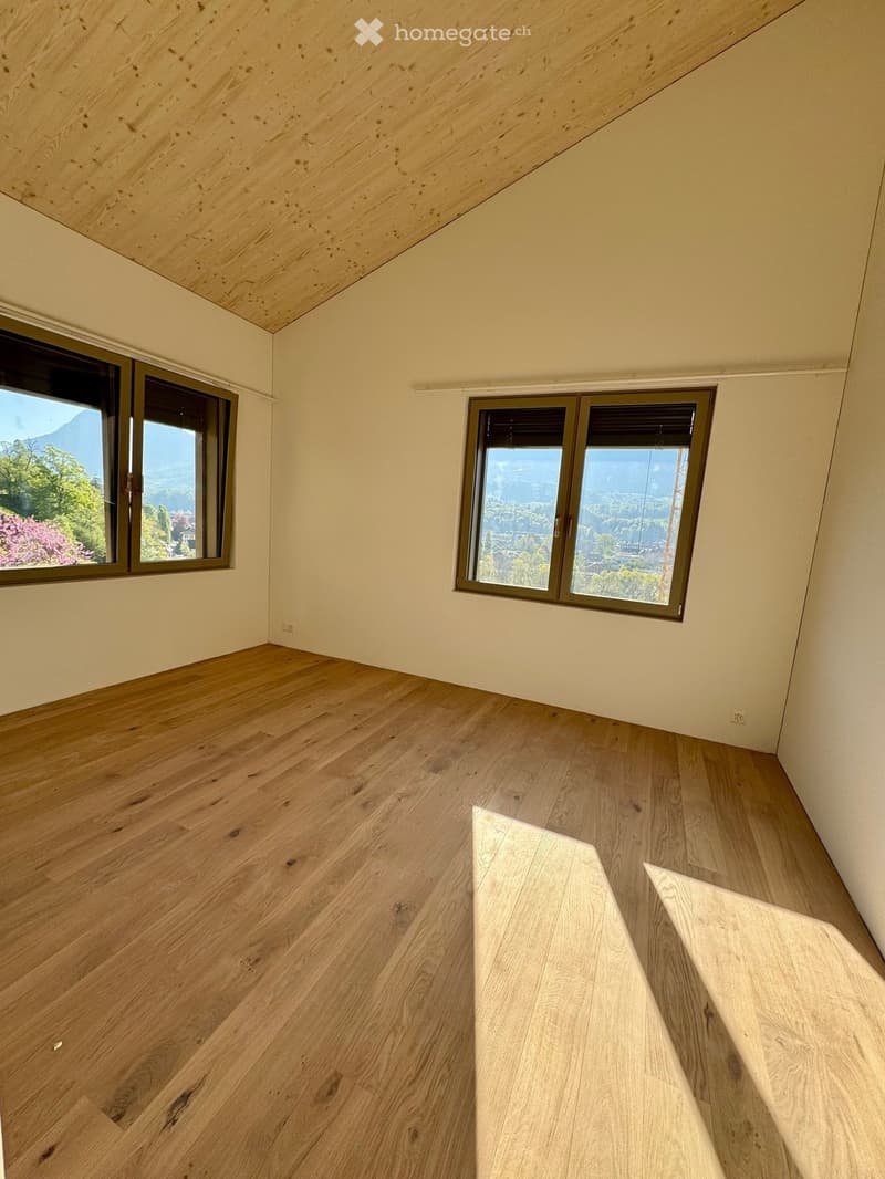 empty room, wooden floor, two windows, mountain view