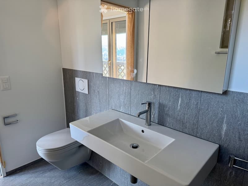 Bathroom with white sink, modern faucet, white toilet, mirror, gray tiles, power outlet, and a window with a view