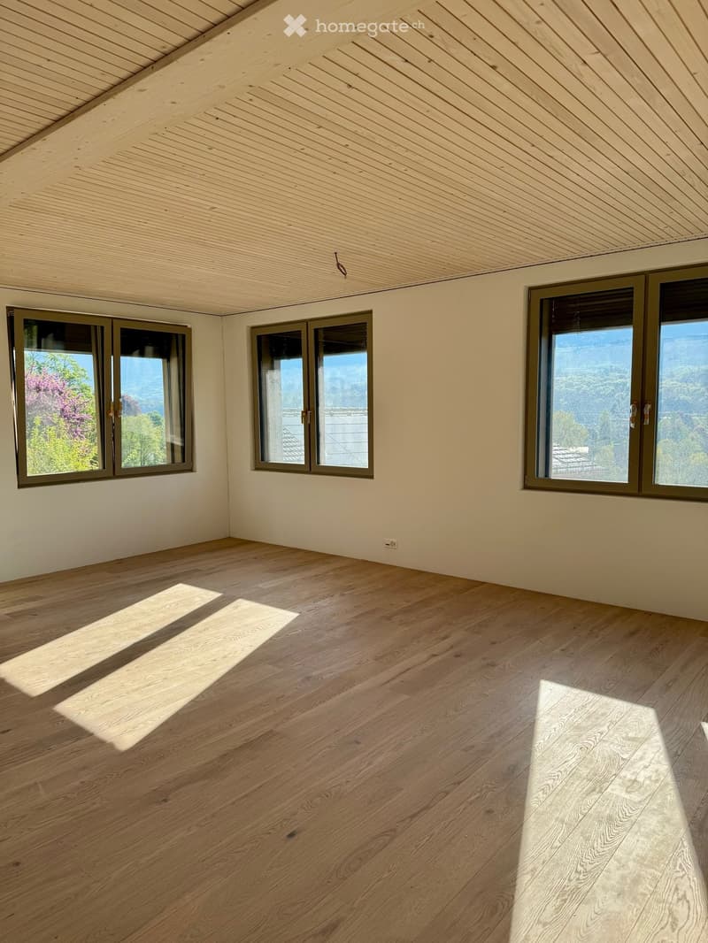 empty room, wooden floor, three windows, wooden ceiling, power outlet