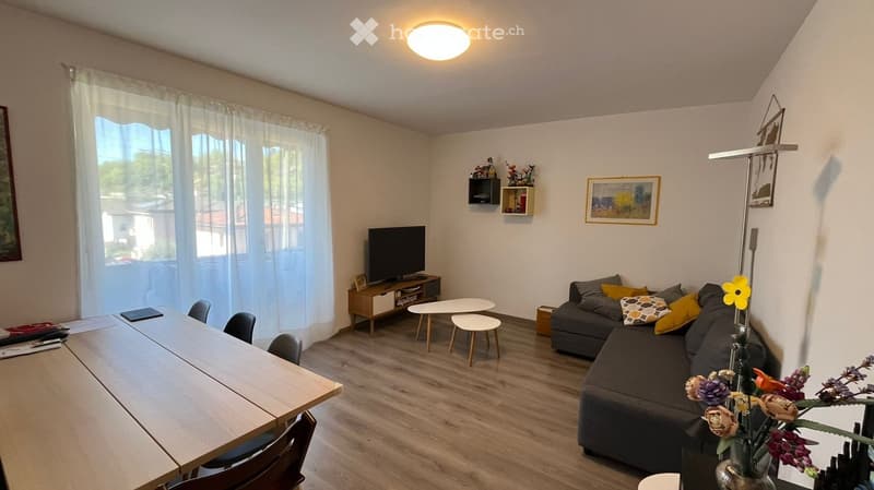 Living room with wooden floor, white walls, dining table, couch, TV, side table, flower vase, picture frames, and window with white curtains.