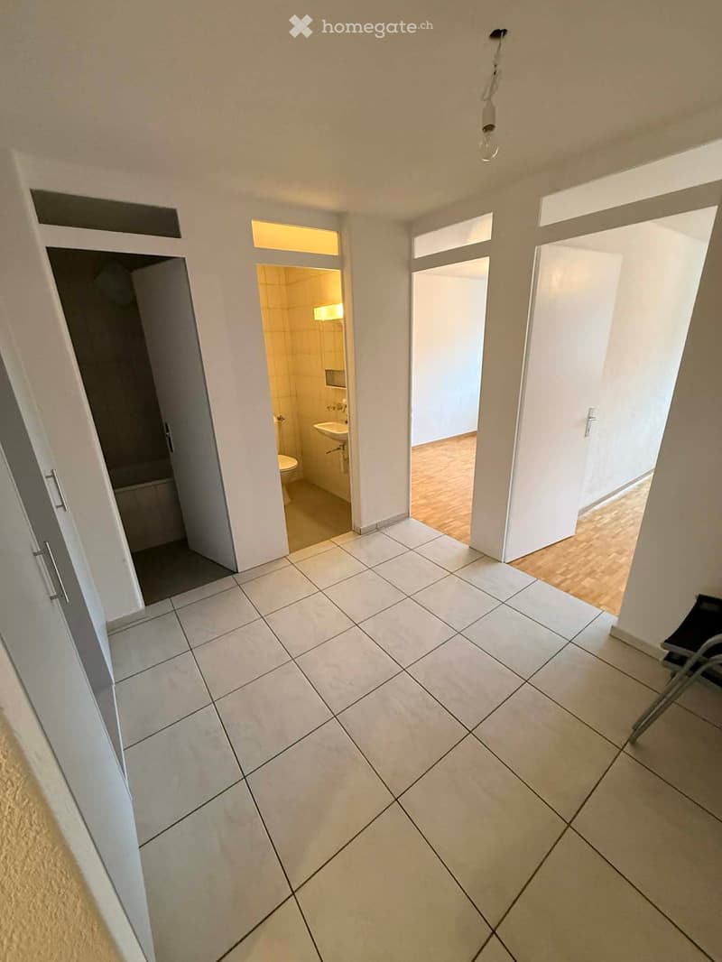 Empty room with white tiles, white walls, wooden floor in the hallway, bathroom with toilet and sink, and a shower