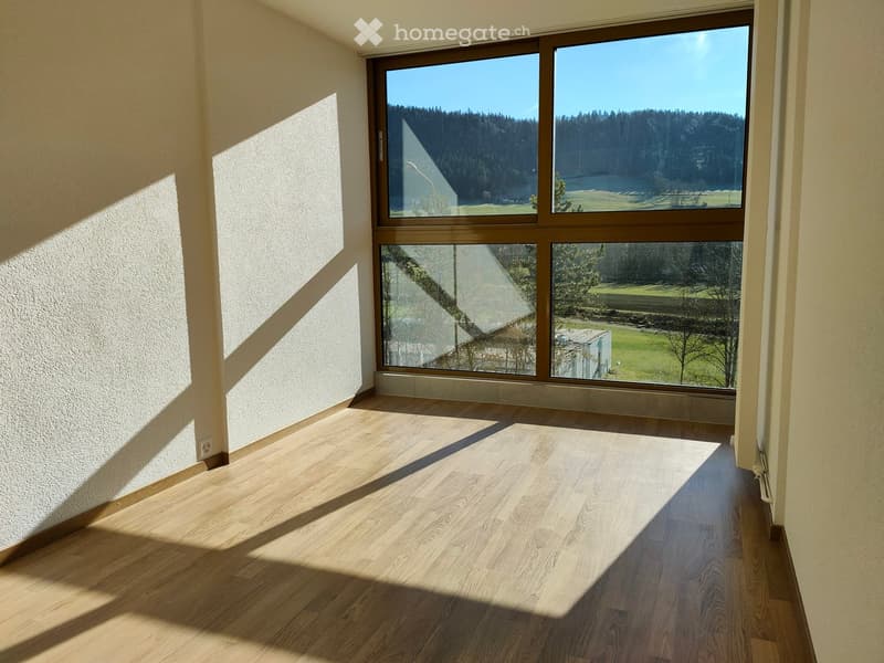 empty room, wooden floor, large windows, view of the mountains