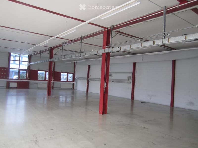 Empty room with concrete floor, high ceiling, red pillars, industrial lighting