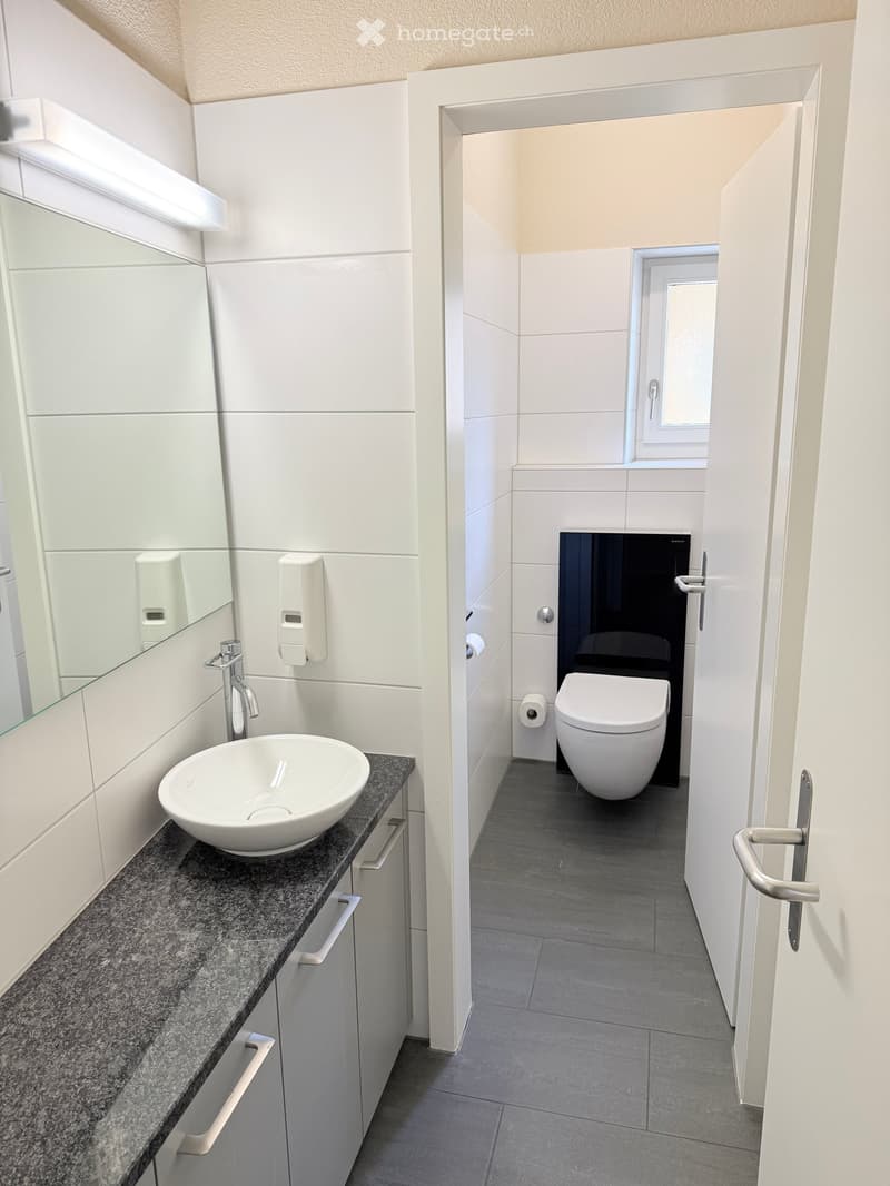 Bathroom. Modern bathroom with white tiles, a large mirror, a white sink, and a toilet. The sink has a faucet and a soap dispenser. The toilet is white and modern. The room has a white door and a window.