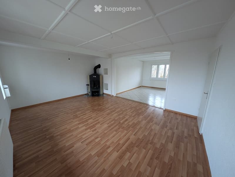 Empty room with wooden floors, white walls, fireplace, window