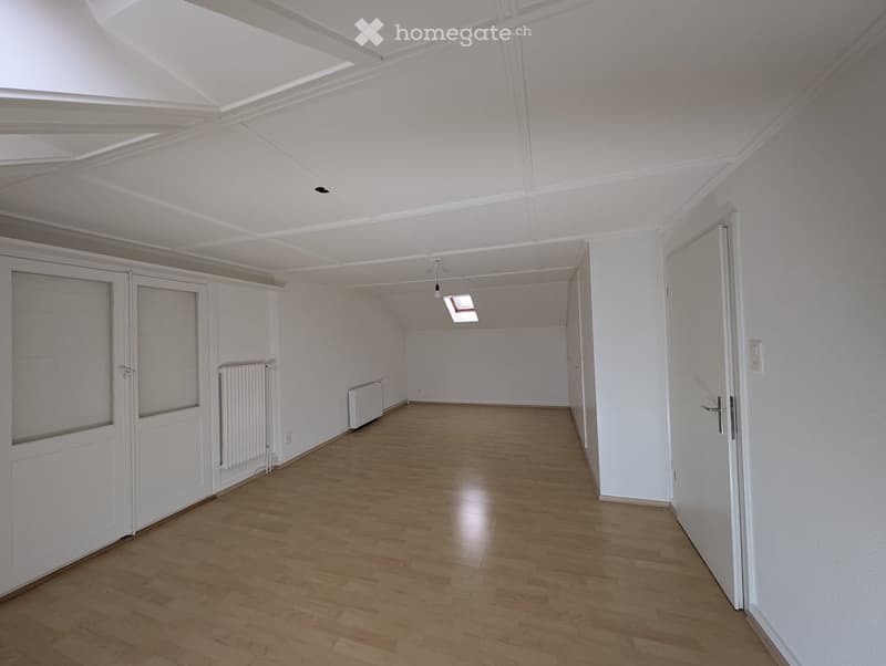 Spacious room, hardwood floors, white walls, two radiators, glass doors, glass window