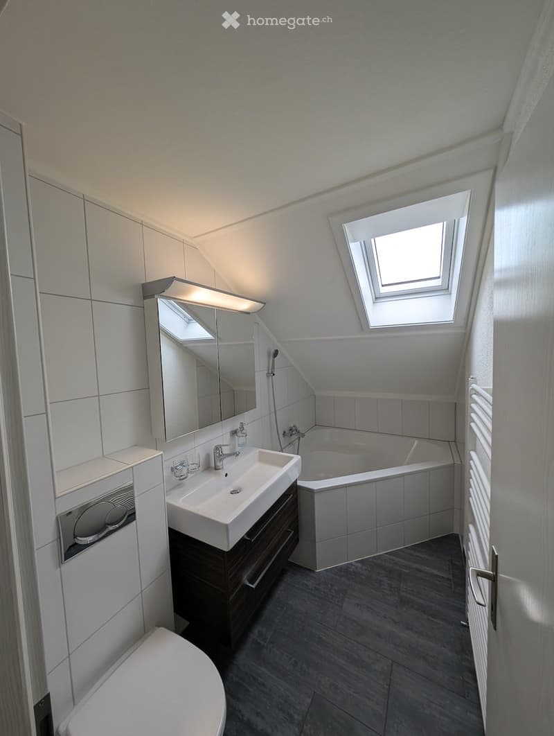 Bathroom: White tiled walls, white toilet, white sink with wooden cabinet, white bathtub, ceiling light, mirror with LED light, skylight, white towel rack