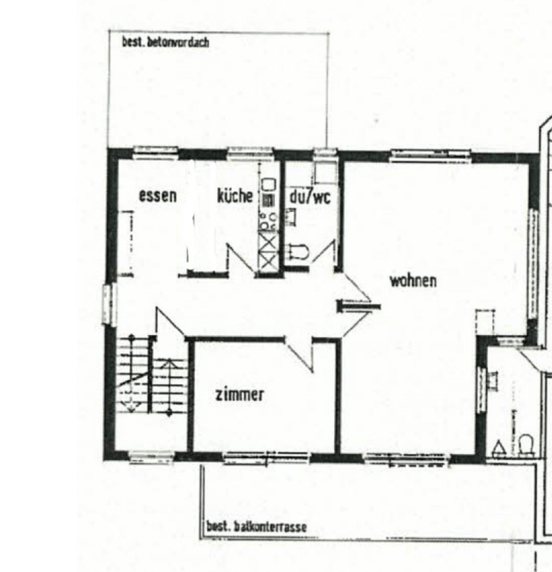 dining room, kitchen, 1 bedroom, bathroom, balcony