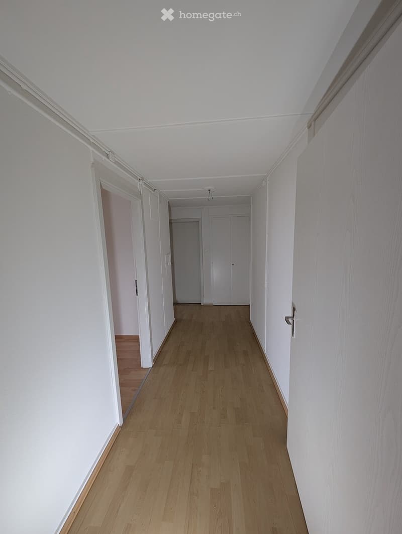 Wooden floor, white walls, doors along the hallway, neutral interior